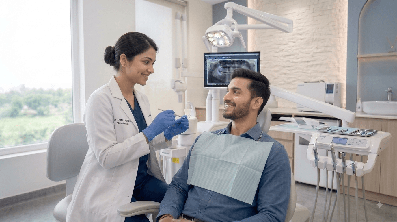 Dentist examining a smiling patient in the treatment chair at White Lily Dental, Gurugram
